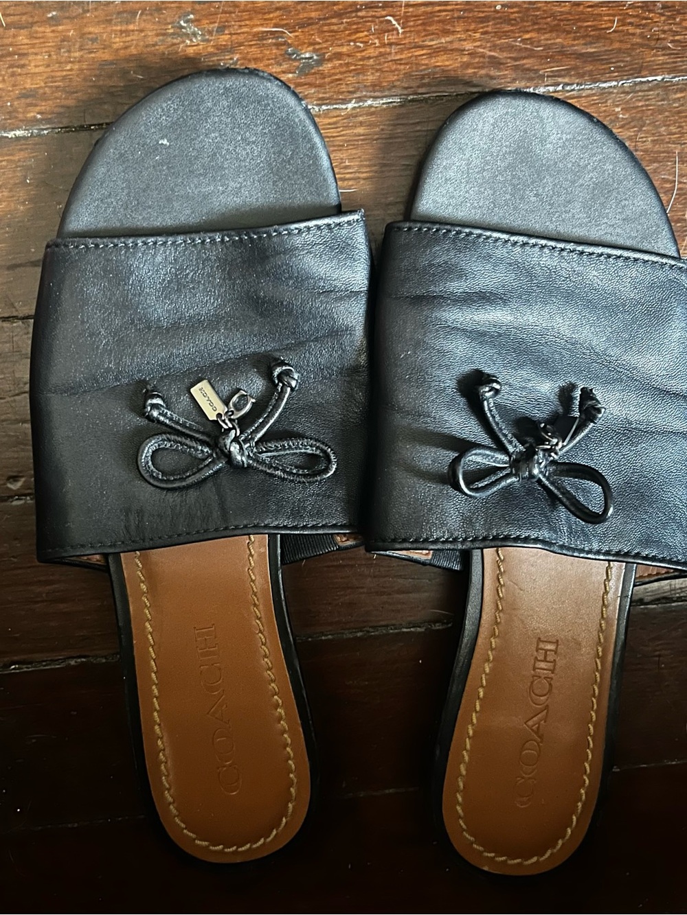Coach Black Leather Slide Mules with Knotted Bow Accent